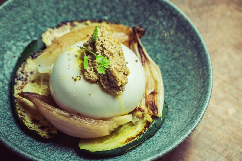Burrata with charred vegetables