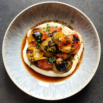 Charred tomatoes on whipped base